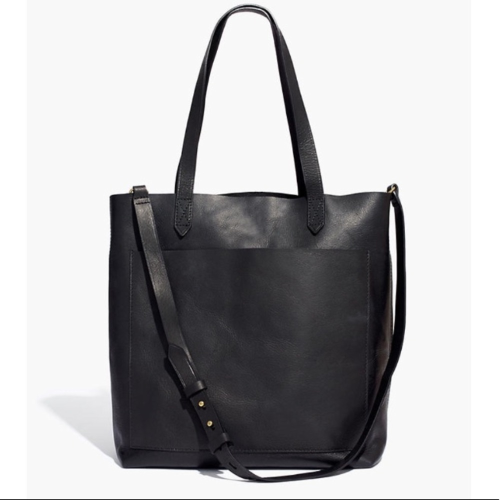 Madewell Black Leather Tote with Crossbody Strap